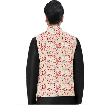 Generic Men's Jacquard Printed Full Sleeve Waistcoat (Red-Beige)