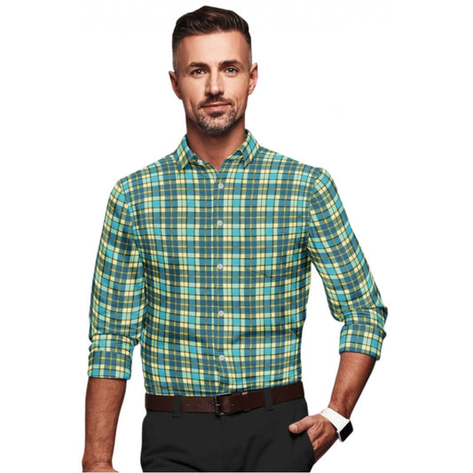 Generic Men's Cotton Blended Checked Full Sleeve Shirt (Green-Yellow)