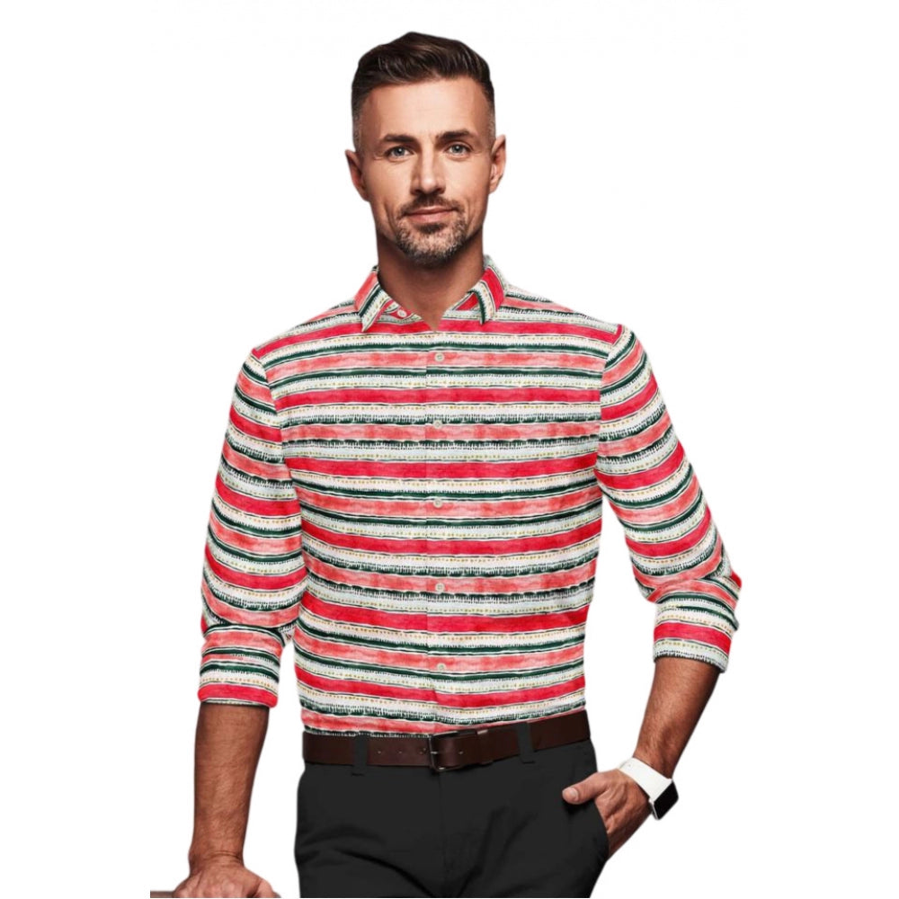 Generic Men's Cotton Blended Striped Full Sleeve Shirt (Red-White)