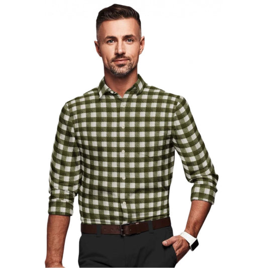 Generic Men's Cotton Blended Checked Full Sleeve Shirt (White-Green)