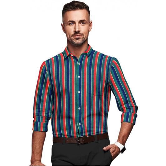 Generic Men's Cotton Blended Striped Full Sleeve Shirt (Red-Green)