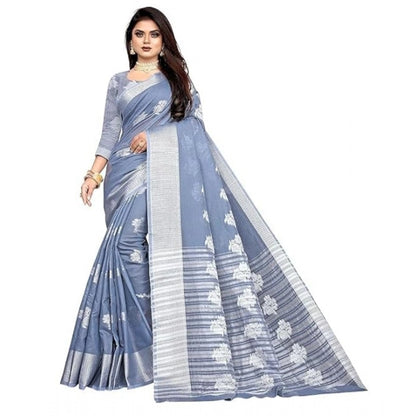 Generic Women's Cotton Silk Floral Saree With Unstitched Blouse (Grey, 5.5 Mtr)