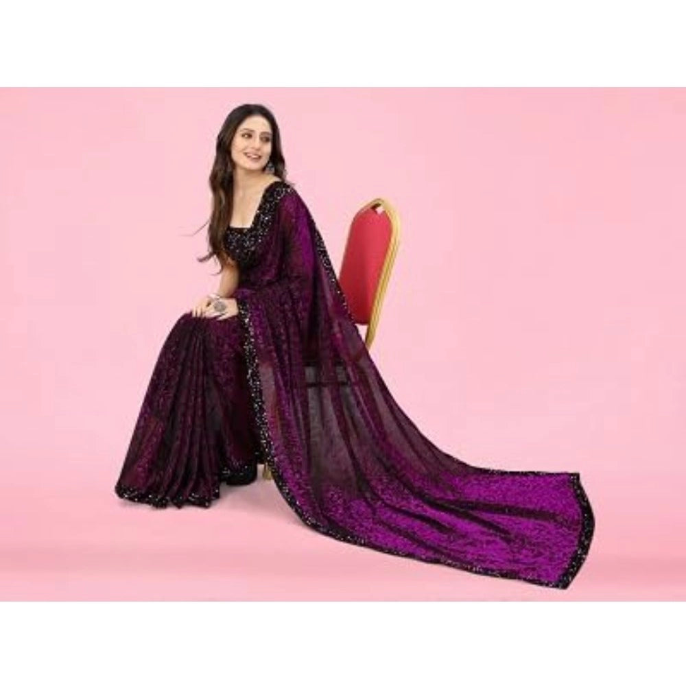 Generic Women's Lycra Floral Saree With Unstitched Blouse (Wine, 5.5 Mtr)