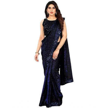 Generic Women's Lycra Floral Saree With Unstitched Blouse (Blue, 5.5 Mtr)