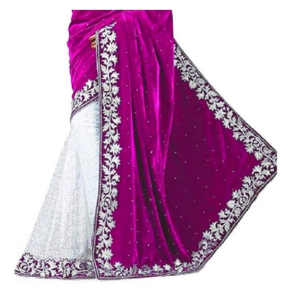 Generic Women's Velvet Embroidered Saree With Unstitched Blouse (Pink, 5.5 Mtr)