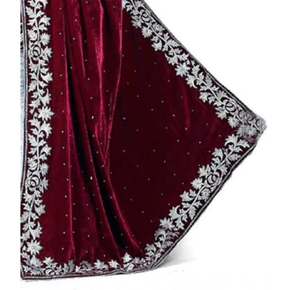 Generic Women's Velvet Embroidered Saree With Unstitched Blouse (Maroon, 5.5 Mtr)