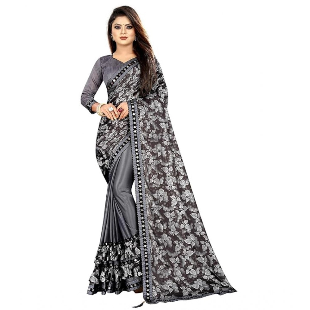 Generic Women's Lycra Solid Saree With Unstitched Blouse (Grey, 5.5 Mtr)