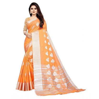 Generic Women's Cotton Silk Floral Saree With Unstitched Blouse (Orange, 5.5 Mtr)