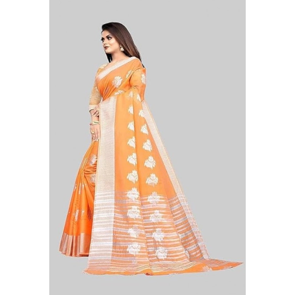 Generic Women's Cotton Silk Floral Saree With Unstitched Blouse (Orange, 5.5 Mtr)