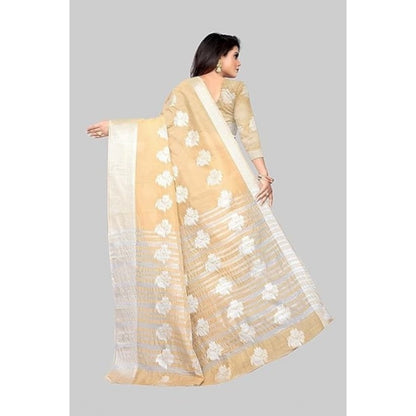 Generic Women's Cotton Silk Floral Saree With Unstitched Blouse (Beige, 5.5 Mtr)