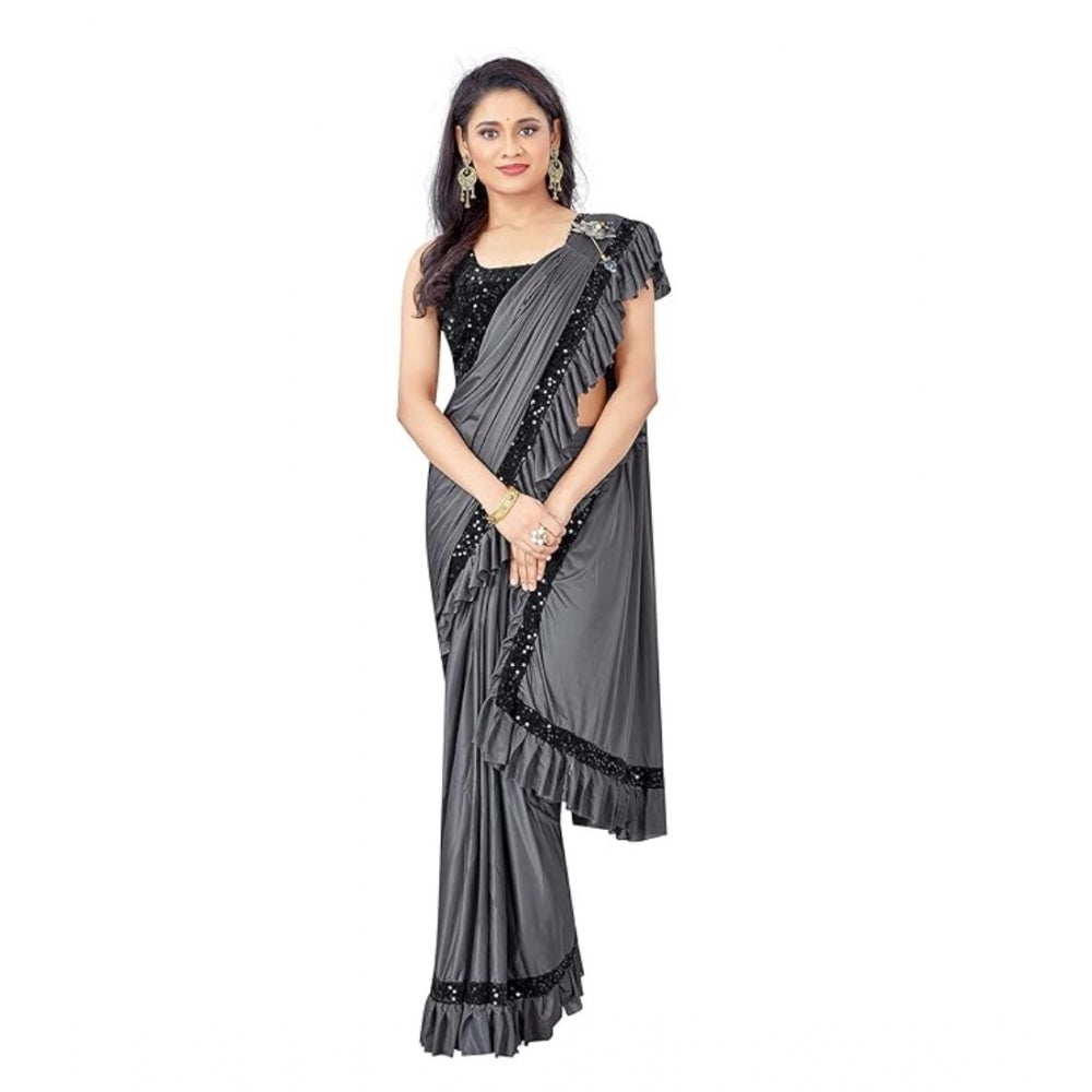 Generic Women's Lycra Solid Saree With Unstitched Blouse (Grey, 5.5 Mtr)