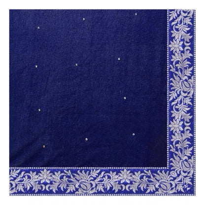 Generic Women's Velvet Embroidered Saree With Unstitched Blouse (Blue, 5.5 Mtr)