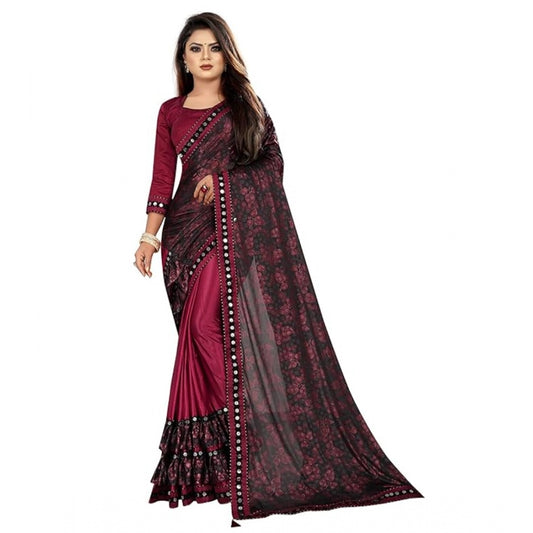 Generic Women's Lycra Solid Saree With Unstitched Blouse (Maroon, 5.5 Mtr)