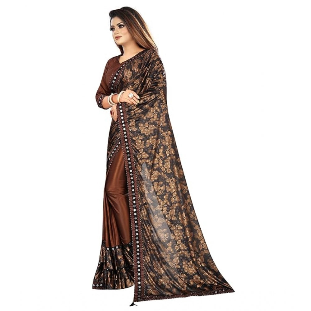 Generic Women's Lycra Solid Saree With Unstitched Blouse (Brown, 5.5 Mtr)