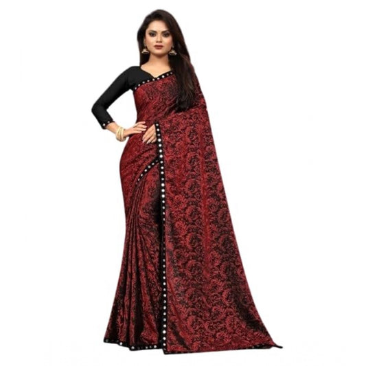 Generic Women's Lycra Solid Saree With Unstitched Blouse (Maroon, 5.5 Mtr)