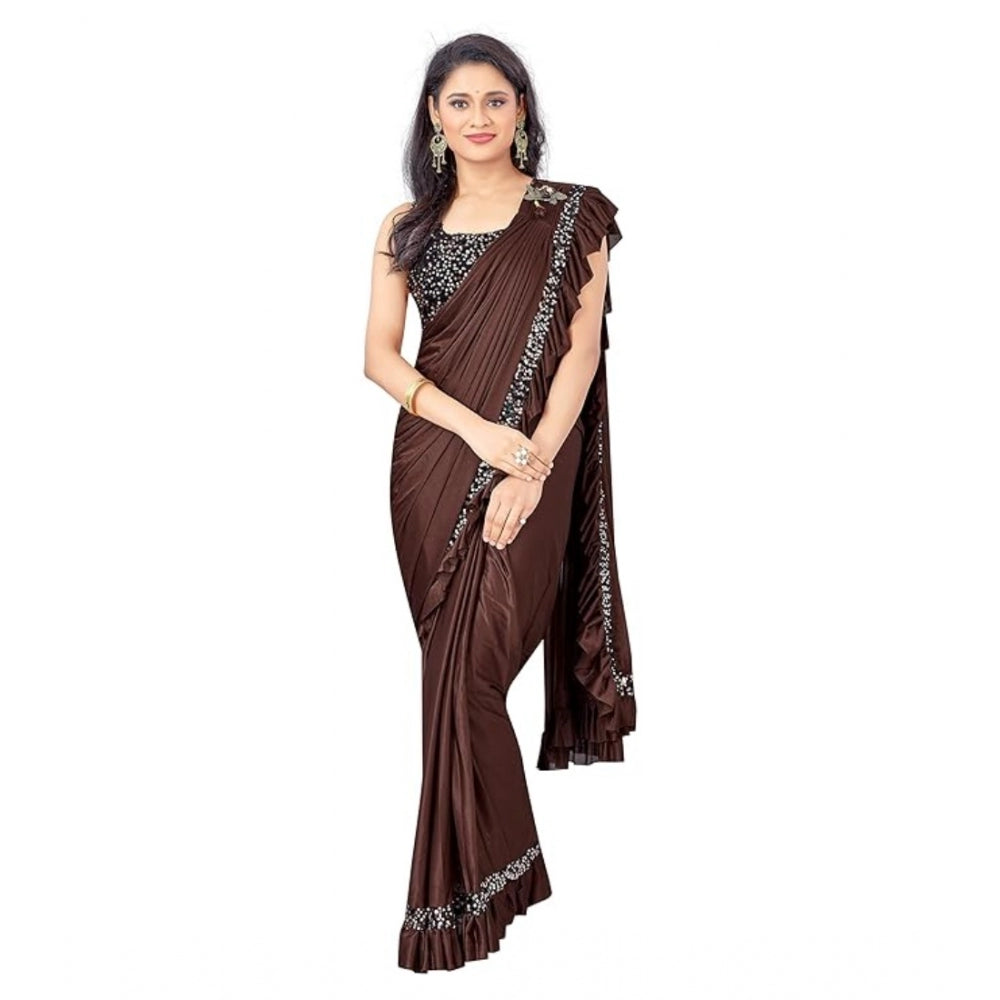 Generic Women's Lycra Solid Saree With Unstitched Blouse (Brown, 5.5 Mtr)