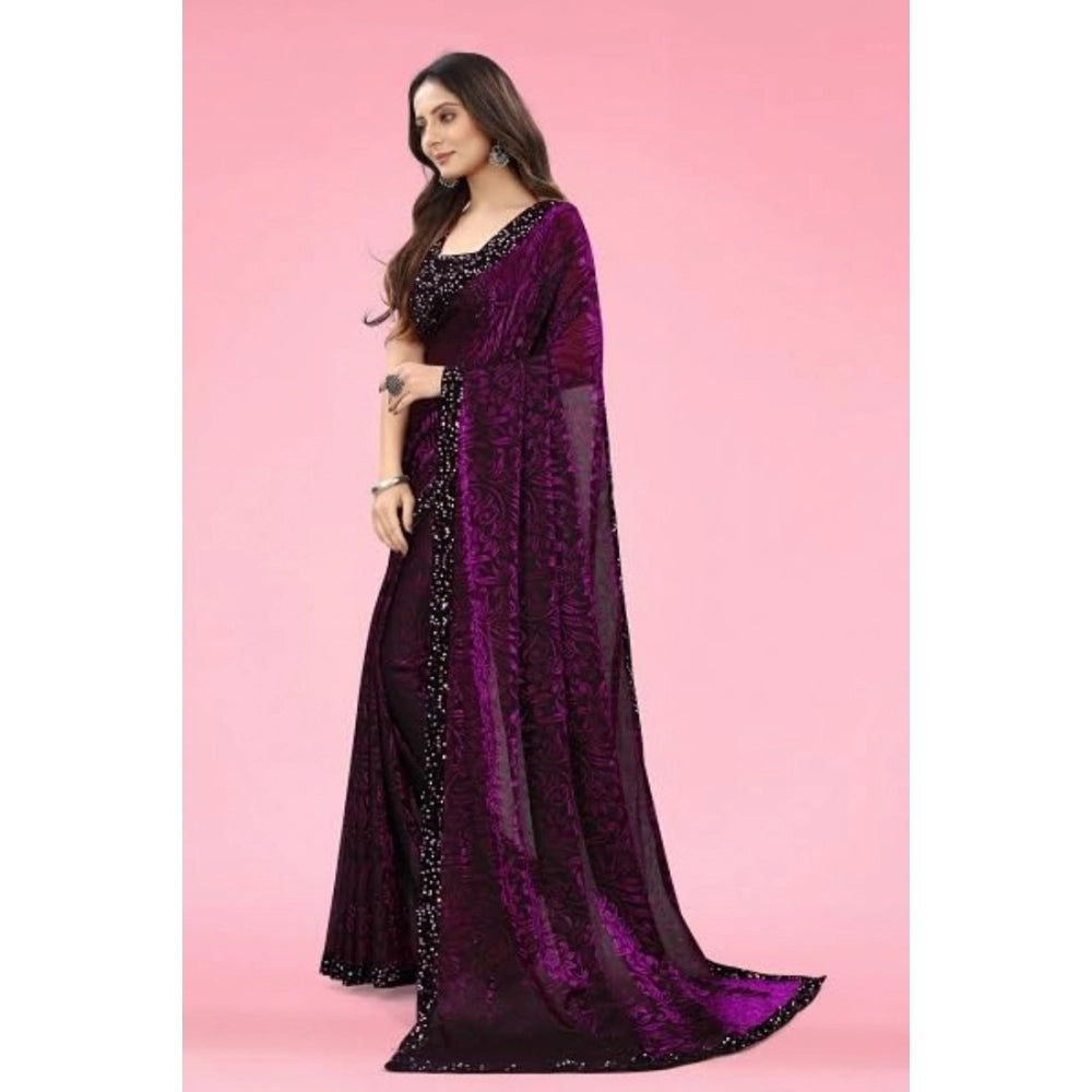 Generic Women's Lycra Floral Saree With Unstitched Blouse (Wine, 5.5 Mtr)