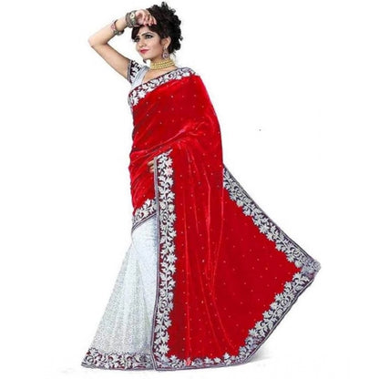 Generic Women's Velvet Embroidered Saree With Unstitched Blouse (Red, 5.5 Mtr)