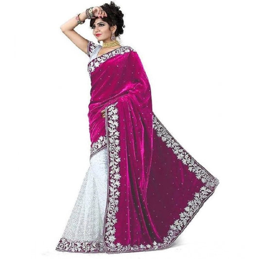 Generic Women's Velvet Embroidered Saree With Unstitched Blouse (Pink, 5.5 Mtr)