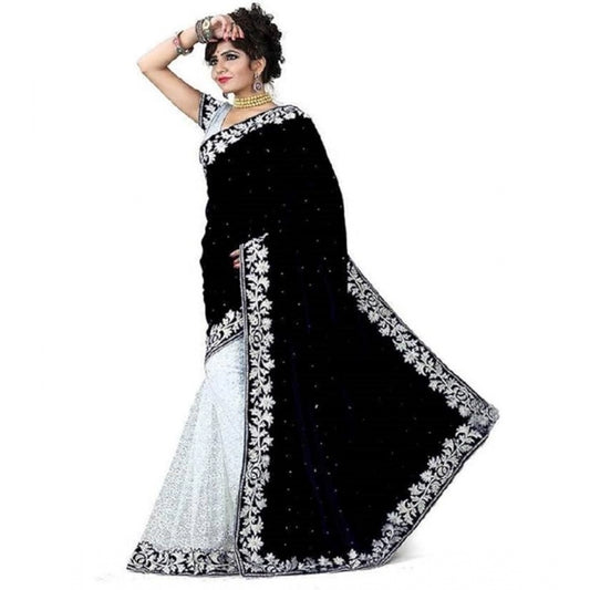 Generic Women's Velvet Embroidered Saree With Unstitched Blouse (Black, 5.5 Mtr)