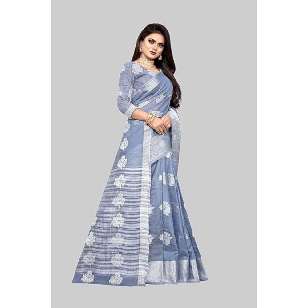 Generic Women's Cotton Silk Floral Saree With Unstitched Blouse (Grey, 5.5 Mtr)