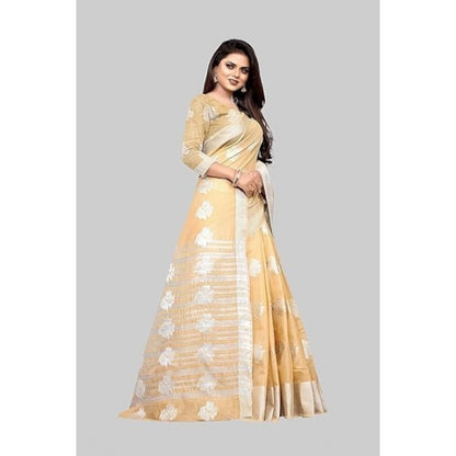 Generic Women's Cotton Silk Floral Saree With Unstitched Blouse (Beige, 5.5 Mtr)