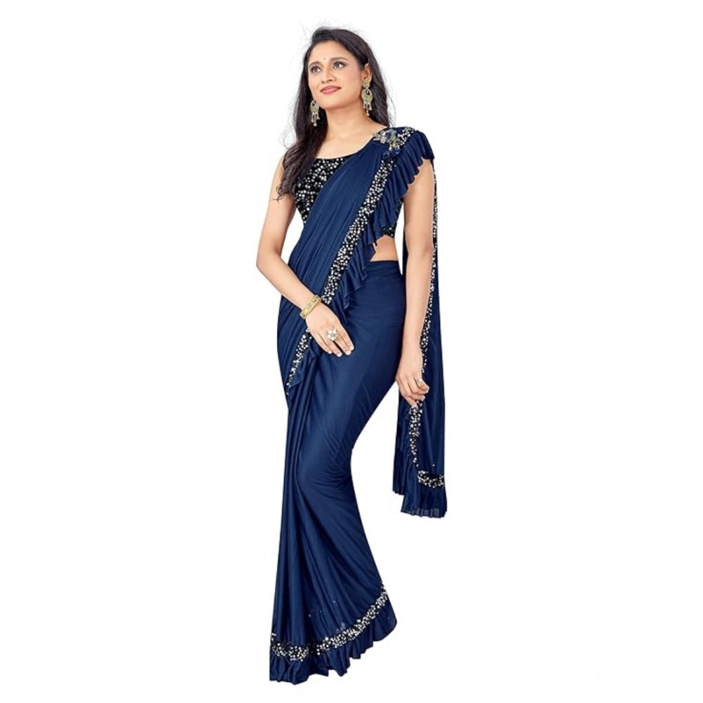 Generic Women's Lycra Solid Saree With Unstitched Blouse (Nay Blue, 5.5 Mtr)