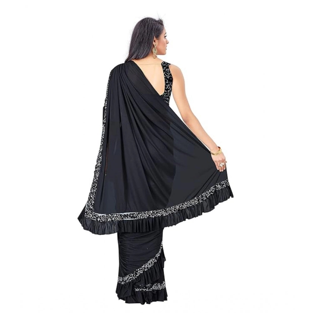 Generic Women's Lycra Solid Saree With Unstitched Blouse (Black, 5.5 Mtr)