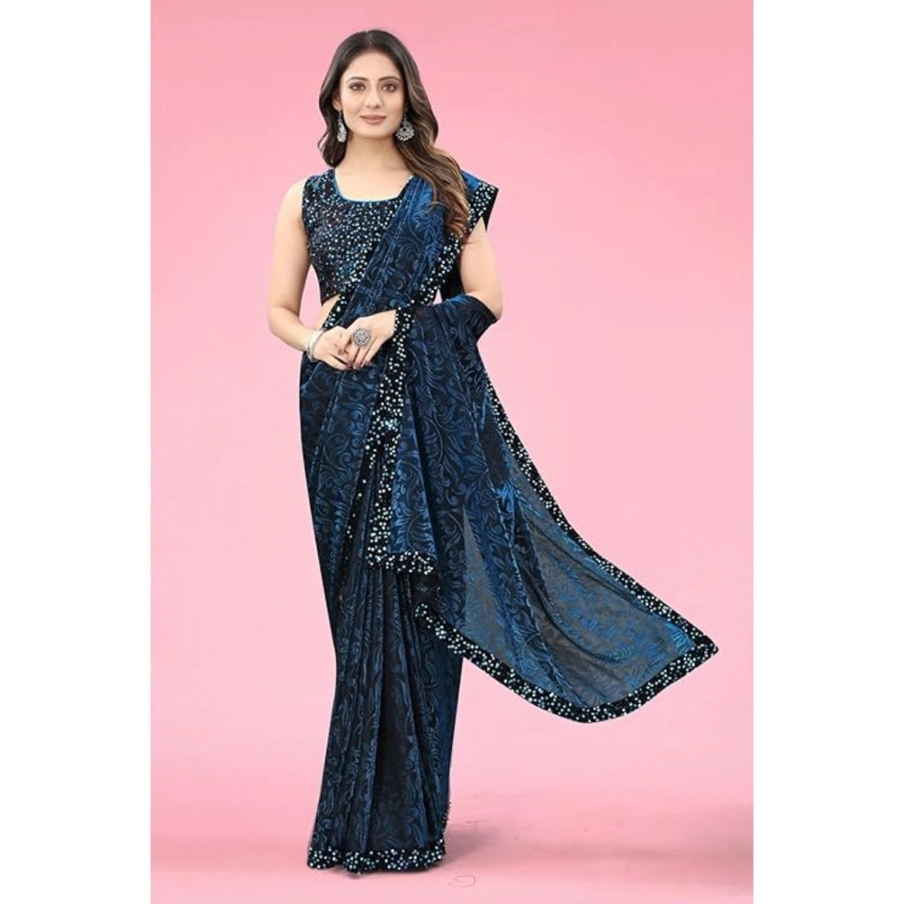 Generic Women's Lycra Floral Saree With Unstitched Blouse (Blue, 5.5 Mtr)