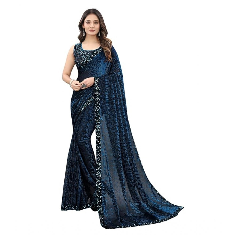 Generic Women's Lycra Floral Saree With Unstitched Blouse (Blue, 5.5 Mtr)