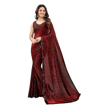 Generic Women's Lycra Floral Saree With Unstitched Blouse (Maroon, 5.5 Mtr)