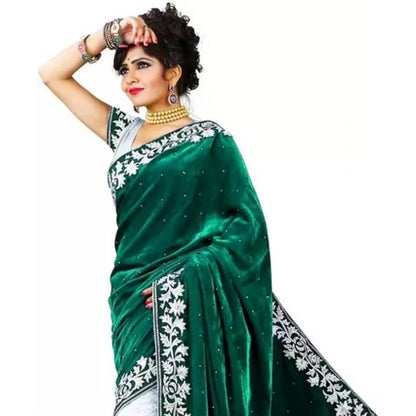 Generic Women's Velvet Embroidered Saree With Unstitched Blouse (Green, 5.5 Mtr)