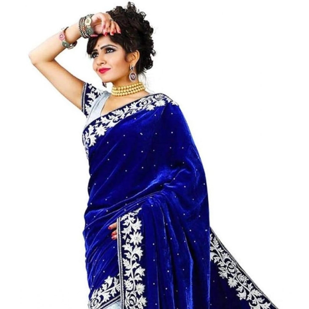 Generic Women's Velvet Embroidered Saree With Unstitched Blouse (Blue, 5.5 Mtr)