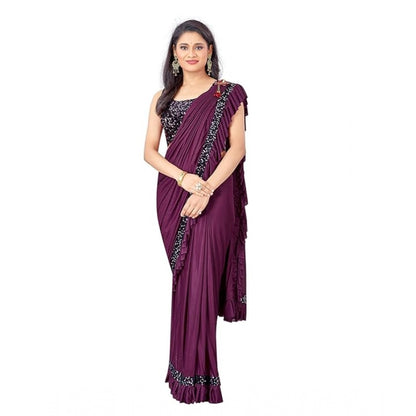 Generic Women's Lycra Solid Saree With Unstitched Blouse (Wine, 5.5 Mtr)