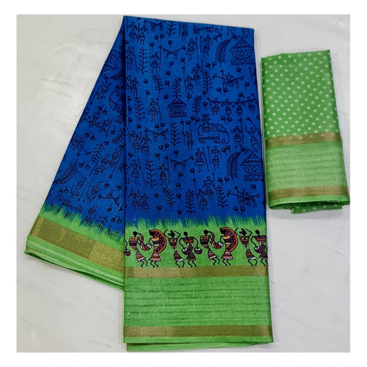 Generic Women's Cotton Printed Saree With Unstitched Blouse (Blue, 5-5 Mtrs)