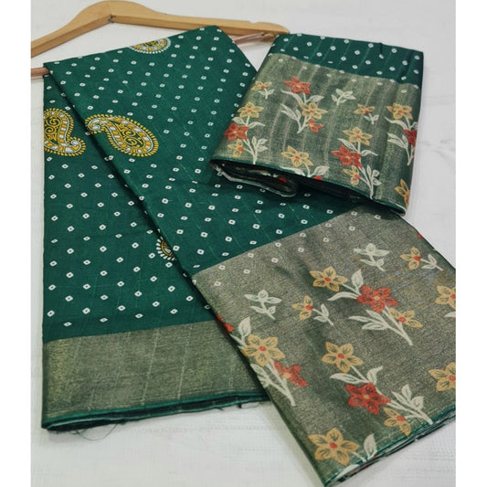 Generic Women's Cotton Silk Printed Saree With Unstitched Blouse (Green, 5-5 Mtrs)