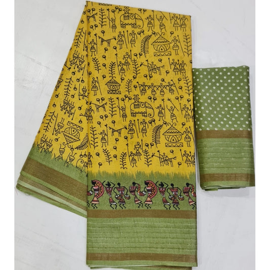 Generic Women's Cotton Printed Saree With Unstitched Blouse (Yellow, 5-5 Mtrs)