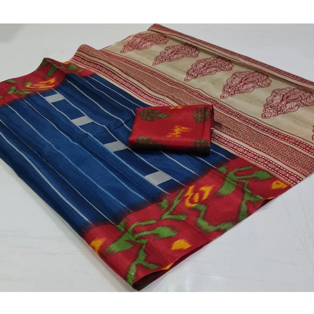 Generic Women's Cotton Silk Printed Saree With Unstitched Blouse (Blue, 5-5 Mtrs)