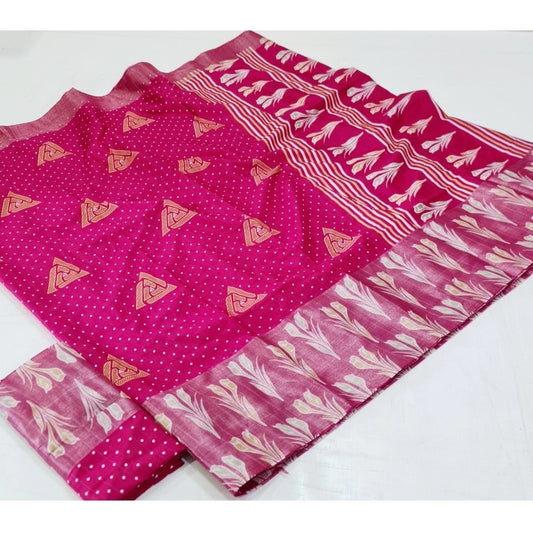 Generic Women's Cotton Silk Printed Saree With Unstitched Blouse (Pink, 5-5 Mtrs)