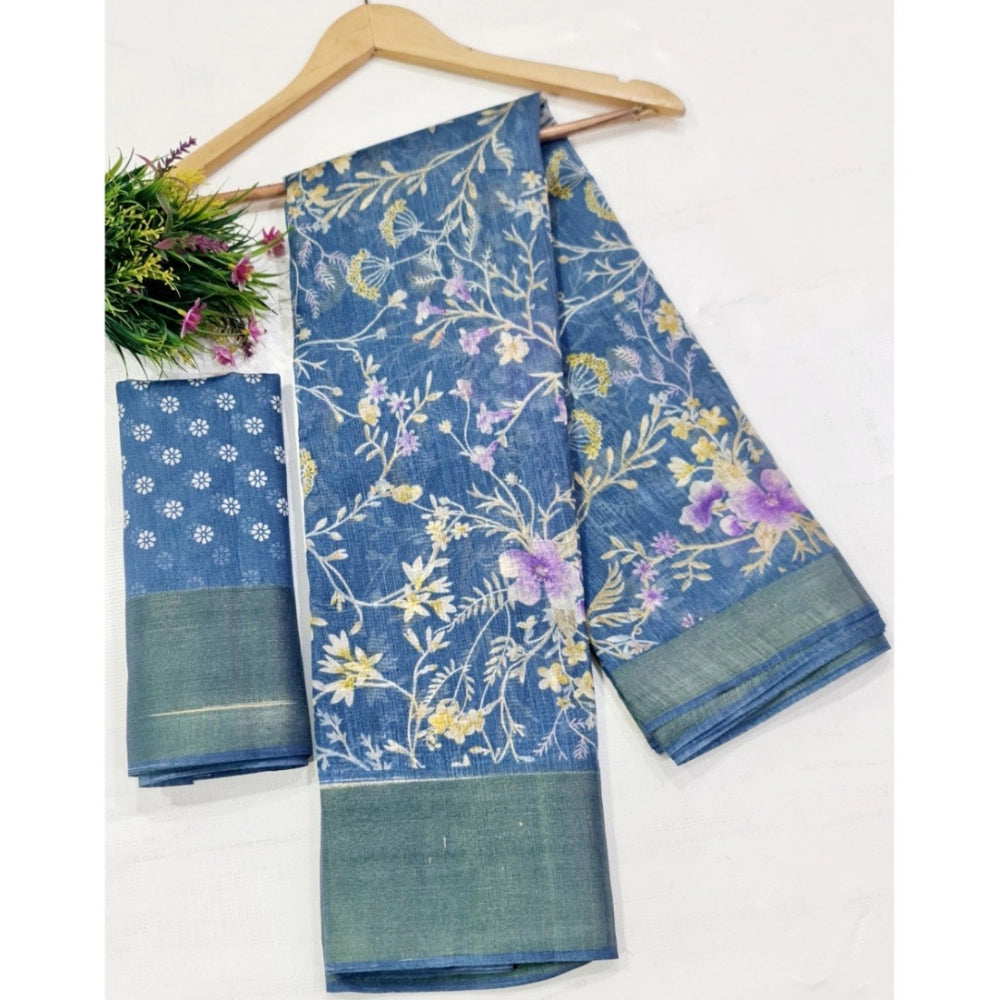 Generic Women's Cotton Printed Saree With Unstitched Blouse (Sky-Blue, 5-5 Mtrs)