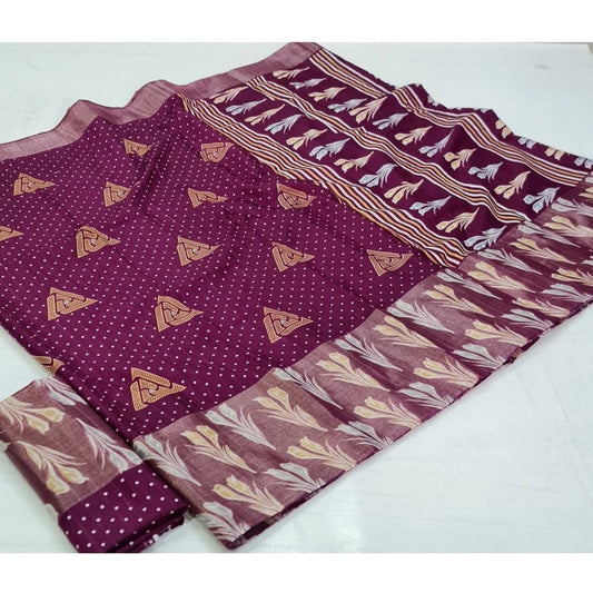 Generic Women's Cotton Silk Printed Saree With Unstitched Blouse (Magenta, 5-5 Mtrs)