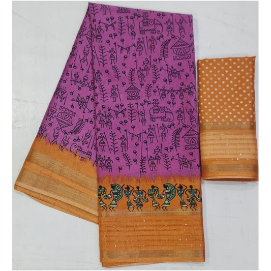 Generic Women's Cotton Printed Saree With Unstitched Blouse (Pink, 5-5 Mtrs)