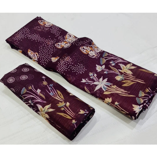 Generic Women's Cotton Printed Saree With Unstitched Blouse (Wine, 5-5 Mtrs)