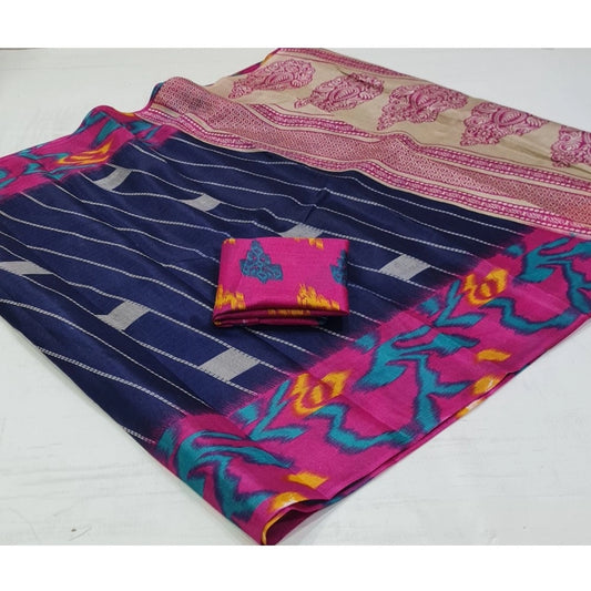 Generic Women's Cotton Silk Printed Saree With Unstitched Blouse (Dark-Blue, 5-5 Mtrs)