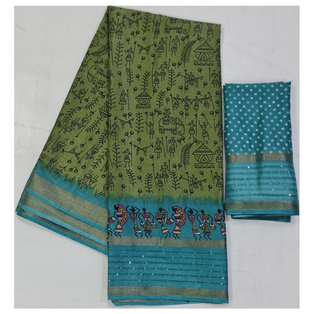 Generic Women's Cotton Printed Saree With Unstitched Blouse (Dark-Green, 5-5 Mtrs)