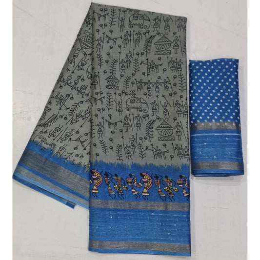 Generic Women's Cotton Printed Saree With Unstitched Blouse (Grey, 5-5 Mtrs)