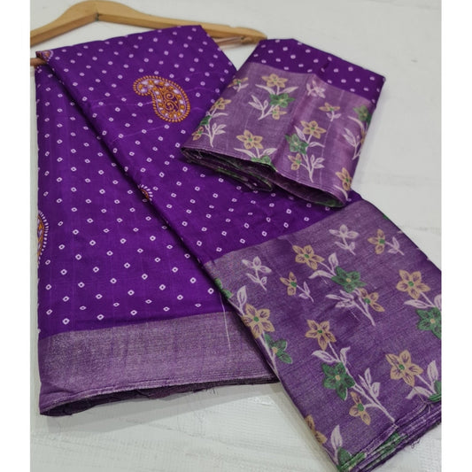 Generic Women's Cotton Silk Printed Saree With Unstitched Blouse (Purple, 5-5 Mtrs)