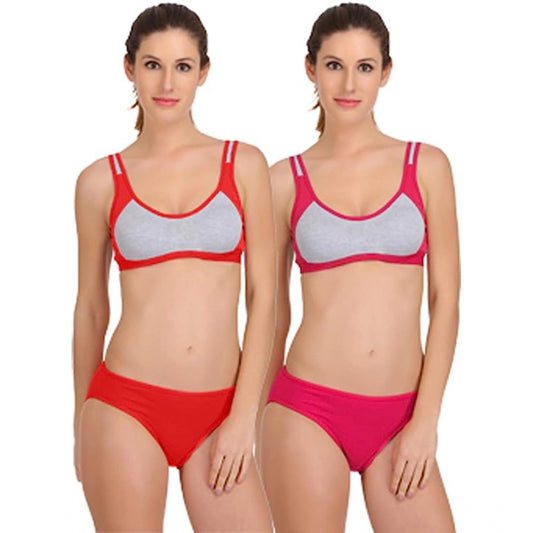 Generic Pack Of_2 Women's Cotton Solid Sports Bra Panty Set (Multicolor)