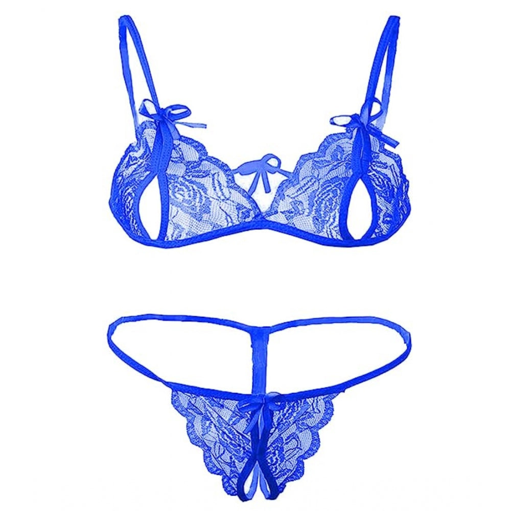 Generic Women's Net Solid Lingerie Set (Blue)