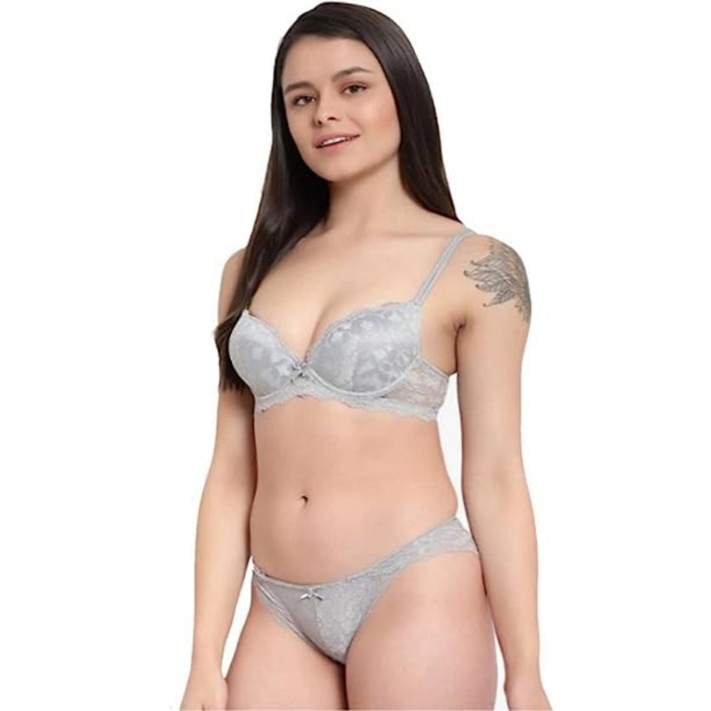 Generic Women's Cotton Floral Printed Bra and Panty Set (Grey)